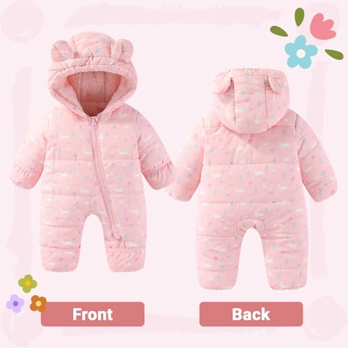JiAmy Baby Winter Snowsuit, Toddler Bear Hood Fold-Over Mittens Booties Jumpsuit Toddler Warm Fleece Romper Girls Boys Warm Jumpsuit 3-24 Months
