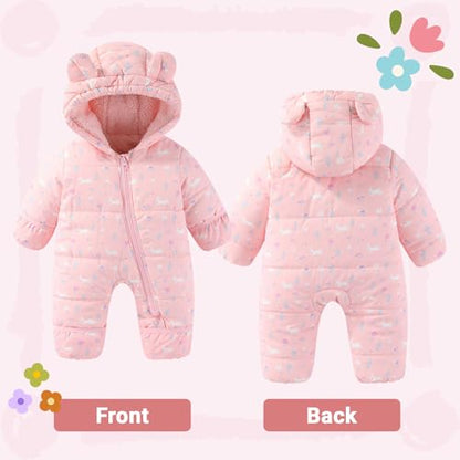 JiAmy Baby Winter Snowsuit, Toddler Bear Hood Fold-Over Mittens Booties Jumpsuit Toddler Warm Fleece Romper Girls Boys Warm Jumpsuit 3-24 Months