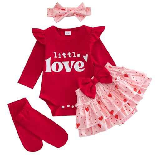 DivingBirds Baby Mädchen Outfit Rüschen Langarm My 1. Valentinstag Osterhase Strampler + Tutu Rock + Strümpfe mit Stirnband Babykleidung Set Neugeborene Fotoshooting Kleid für 0-18 Monate