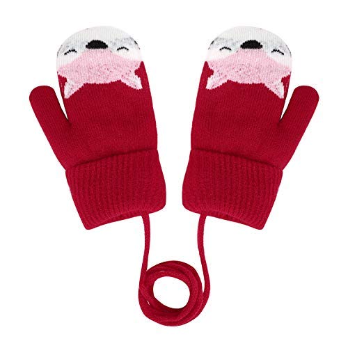 Kids Winter Gloves Mittens Baby Cartoon Mitten Neck Gloves Thick Double Knitted Glove with Plush,0 - 3 years old, Playing, Running, Skiing