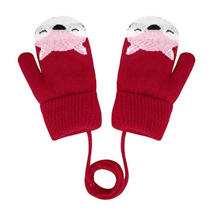 Kids Winter Gloves Mittens Baby Cartoon Mitten Neck Gloves Thick Double Knitted Glove with Plush,0 - 3 years old, Playing, Running, Skiing