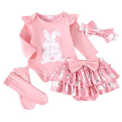 DivingBirds Baby Mädchen Outfit Rüschen Langarm My 1. Valentinstag Osterhase Strampler + Tutu Rock + Strümpfe mit Stirnband Babykleidung Set Neugeborene Fotoshooting Kleid für 0-18 Monate
