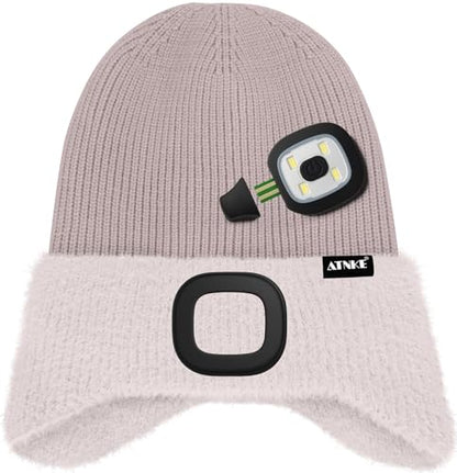 ATNKE Kinder LED Beleuchtete Ohrenklappen Mütze mit Licht,USB Wiederaufladbare 4 LED Laufmütze Stirnlampe Winter Warm Fleece Gefüttert Strick Mütze Geschenke für Jungen und Mädchen