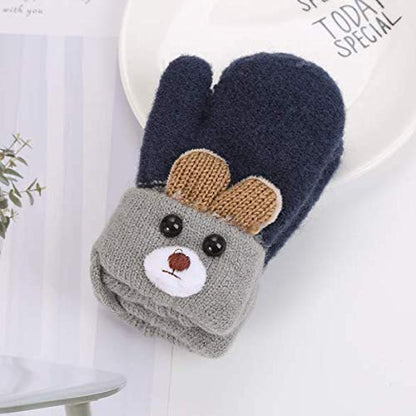 Kids Winter Gloves Mittens Baby Cartoon Mitten Neck Gloves Thick Double Knitted Glove with Plush,0 - 3 years old, Playing, Running, Skiing