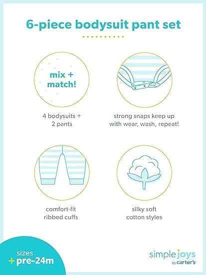 Simple Joys by Carter's Baby Girls' 6-Piece Neutral Bodysuits (Short and Long Sleeve) and Pants Set Infant and Toddler Pants Clothing Sets (Pack of 1)