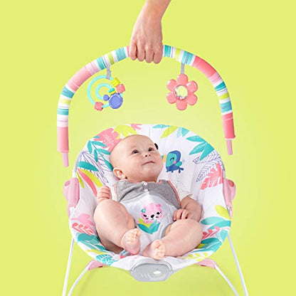 Bright Starts, Babywippe Babyschaukel Safari Fun mit Beruhigenden Vibrationen, Spielbogen mit 2 Spielzeugen, 3-Punkte-Gurt Sitz, Maschinenwaschbares Sitzpolster, ab der Geburt bis 9kg