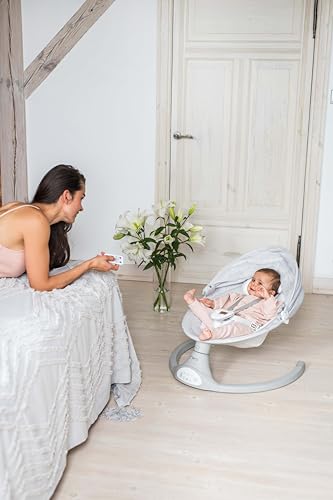 MoMi KENANI baby bouncer for children up to 9 kg, foldable, with remote control &amp; Bluetooth for connecting to a smartphone, battery or power connection, with 5-point safety belt, sun protection, insect net 