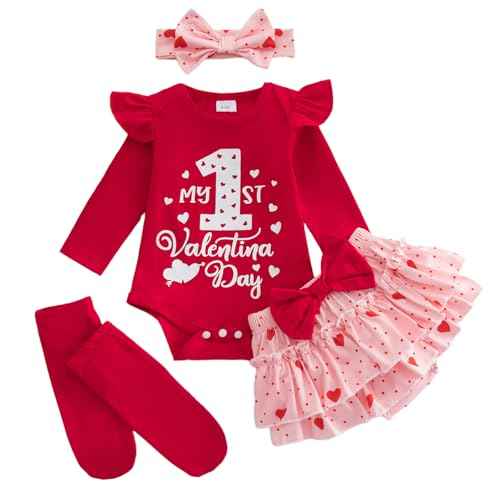 DivingBirds Baby Mädchen Outfit Rüschen Langarm My 1. Valentinstag Osterhase Strampler + Tutu Rock + Strümpfe mit Stirnband Babykleidung Set Neugeborene Fotoshooting Kleid für 0-18 Monate