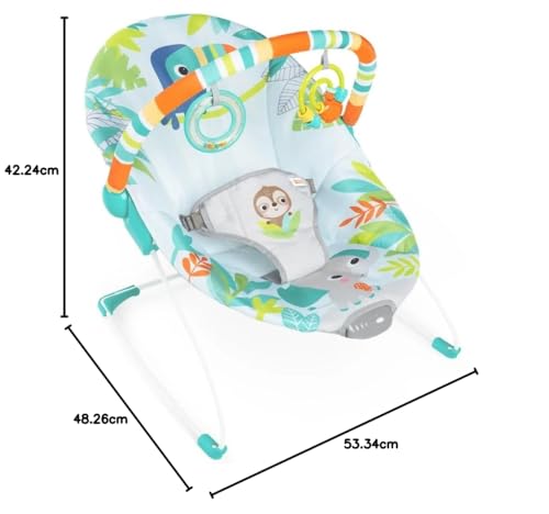 Bright Starts, Babywippe Babyschaukel Safari Fun mit Beruhigenden Vibrationen, Spielbogen mit 2 Spielzeugen, 3-Punkte-Gurt Sitz, Maschinenwaschbares Sitzpolster, ab der Geburt bis 9kg