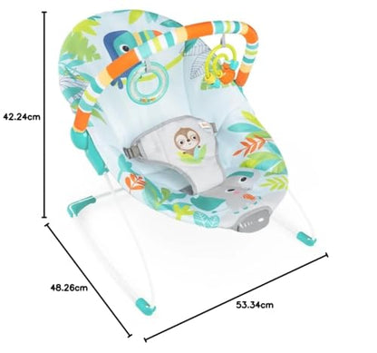 Bright Starts, Babywippe Babyschaukel Safari Fun mit Beruhigenden Vibrationen, Spielbogen mit 2 Spielzeugen, 3-Punkte-Gurt Sitz, Maschinenwaschbares Sitzpolster, ab der Geburt bis 9kg