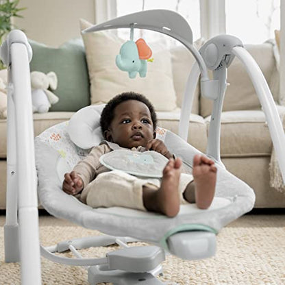 Ingenuity Hugs & Hoots zusammenklappbare & tragbare Babyschaukel, 5 Schaukelgeschwindigkeiten, 8 Melodien, 3 Naturgeräusche, Lautstärkeregulierung und Spielzeugbügel, ab der Geburt bis 9kg