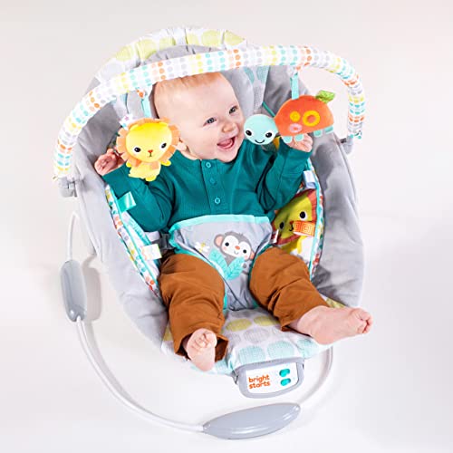Bright Starts, Babywippe Babyschaukel mit beruhigenden Vibrationen, Babysitz, Musik, abnehmbarer Spielbügel, 0-6 Monate, bis zu 20 lbs (Whimsical Wild)