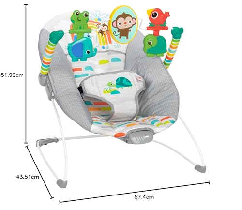 Bright Starts, Babywippe Babyschaukel Safari Fun mit Beruhigenden Vibrationen, Spielbogen mit 2 Spielzeugen, 3-Punkte-Gurt Sitz, Maschinenwaschbares Sitzpolster, ab der Geburt bis 9kg