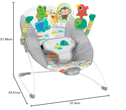 Bright Starts, Babywippe Babyschaukel Safari Fun mit Beruhigenden Vibrationen, Spielbogen mit 2 Spielzeugen, 3-Punkte-Gurt Sitz, Maschinenwaschbares Sitzpolster, ab der Geburt bis 9kg