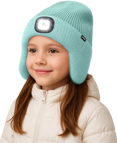 ATNKE Kinder LED Beleuchtete Ohrenklappen Mütze mit Licht,USB Wiederaufladbare 4 LED Laufmütze Stirnlampe Winter Warm Fleece Gefüttert Strick Mütze Geschenke für Jungen und Mädchen