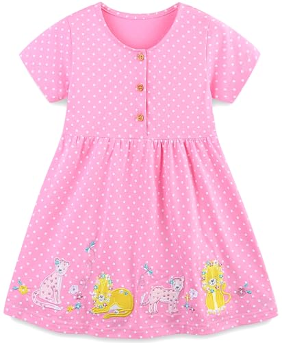 Mädchen Kleider Baumwolle Blumen Knöpfe Streifen Kurzarm T-Shirt Casual Frühling Sommer Kleid für Kinder Größe 92-122, 1-7 Jahre