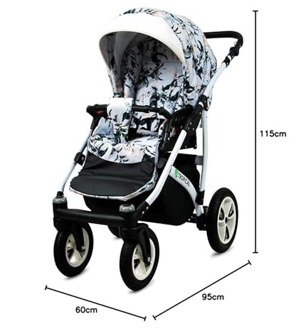BabyLux® Bambimo Pushchair Set 3 in 1 - Tropical - incl. Baby Carrycot, Buggy Sports Seat, Car Seat - Pram Set - Combination Pram with Changing Bag, Rain Cover etc.