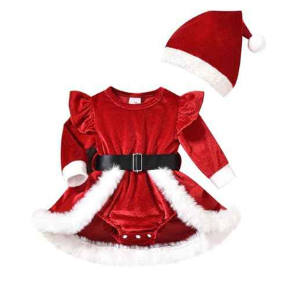 Odizli Baby Christmas Outfit Girls Autumn Winter Santa Velvet Romper Dress + Christmas Hat