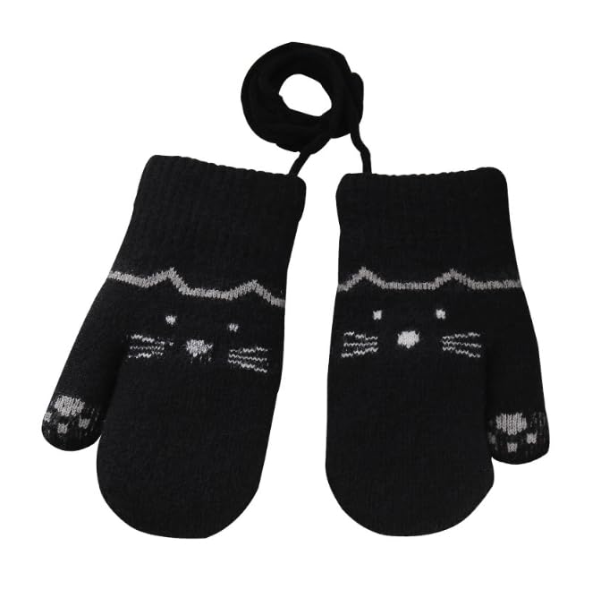 Kids Winter Gloves Mittens Baby Cartoon Mitten Neck Gloves Thick Double Knitted Glove with Plush,0 - 3 years old, Playing, Running, Skiing
