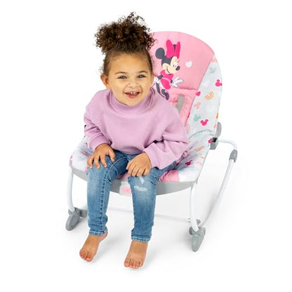 Bright Starts, Disney Baby Minnie Mouse Forever Besties, Wippe für Babies und Kleinkinder, mit beruhigenden Vibrationen, abnehmbarem Spielzeugbogen und 2 Spielzeugen, rose, 12209