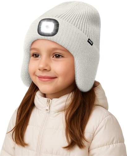 ATNKE Kinder LED Beleuchtete Ohrenklappen Mütze mit Licht,USB Wiederaufladbare 4 LED Laufmütze Stirnlampe Winter Warm Fleece Gefüttert Strick Mütze Geschenke für Jungen und Mädchen