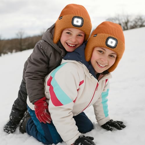 ATNKE Kinder LED Beleuchtete Ohrenklappen Mütze mit Licht,USB Wiederaufladbare 4 LED Laufmütze Stirnlampe Winter Warm Fleece Gefüttert Strick Mütze Geschenke für Jungen und Mädchen