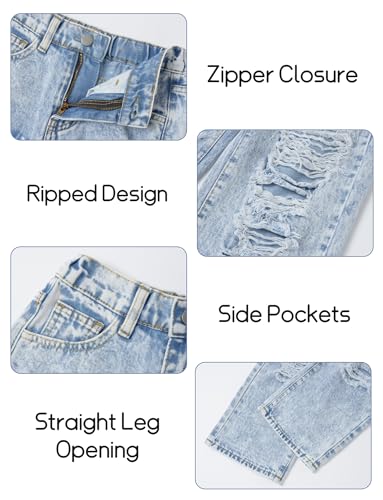 Happy Cherry Mädchen Jean Hosen Loch Wash Denim Blau Hose Kinder Elastische Taille Vintage Jeans Weites Bein Jeanshosen 130-160