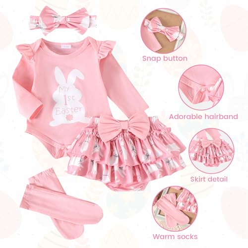 Baby Mädchen Outfit Rüschen Langarm My 1. Valentinstag Osterhase Strampler + Tutu Rock + Strümpfe mit Stirnband Babykleidung Set Neugeborene Fotoshooting Kleid für 0-18 Monate