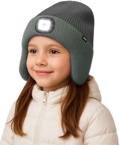 ATNKE Kinder LED Beleuchtete Ohrenklappen Mütze mit Licht,USB Wiederaufladbare 4 LED Laufmütze Stirnlampe Winter Warm Fleece Gefüttert Strick Mütze Geschenke für Jungen und Mädchen