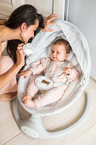 MoMi KENANI baby bouncer for children up to 9 kg, foldable, with remote control &amp; Bluetooth for connecting to a smartphone, battery or power connection, with 5-point safety belt, sun protection, insect net 