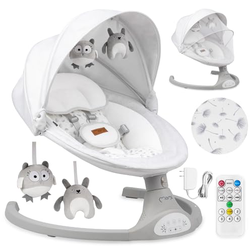 MoMi KENANI baby bouncer for children up to 9 kg, foldable, with remote control &amp; Bluetooth for connecting to a smartphone, battery or power connection, with 5-point safety belt, sun protection, insect net 