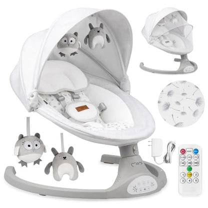 MoMi KENANI baby bouncer for children up to 9 kg, foldable, with remote control &amp; Bluetooth for connecting to a smartphone, battery or power connection, with 5-point safety belt, sun protection, insect net 