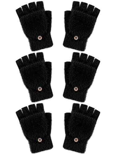 Geyoga 3er Pack Fingerlose Handschuhe mit Klappe Damen Winter Halbfinger Fäustlinge Handschuhe für Kinder
