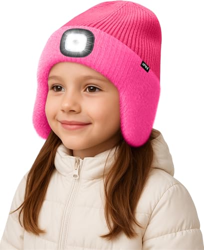 ATNKE Kinder LED Beleuchtete Ohrenklappen Mütze mit Licht,USB Wiederaufladbare 4 LED Laufmütze Stirnlampe Winter Warm Fleece Gefüttert Strick Mütze Geschenke für Jungen und Mädchen