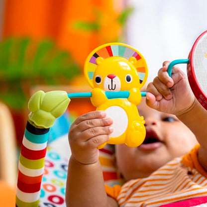 Bright Starts, Babywippe Babyschaukel Safari Fun mit Beruhigenden Vibrationen, Spielbogen mit 2 Spielzeugen, 3-Punkte-Gurt Sitz, Maschinenwaschbares Sitzpolster, ab der Geburt bis 9kg