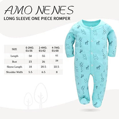 Amo nenes Schlafstrampler Baby Jungen Overall 3er Pack Unisex Pyjamas Baumwolle Strampler Jumpsuits Langarm Spieler Babykleidung mit 0-7 Monate