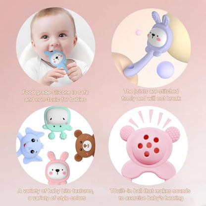 ABirdon Beißring Baby, 2 Stück Silikon Beißring mit Rassel, BPA-frei, Sensorisches Spielzeug für Babys 0-3 Jahre, Molar Beißring für Zahnfleisch