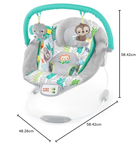 Bright Starts, Babywippe Babyschaukel mit beruhigenden Vibrationen, Babysitz, Musik, abnehmbarer Spielbügel, 0-6 Monate, bis zu 20 lbs (Whimsical Wild)