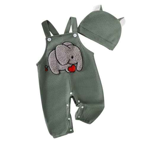 MAHUAOYIXI Toddler Baby Boys Outfits Newborn Baby Boys Clothing Embroidery Elephant Jumpsuits Dungarees Suspender Pants and Hat Infant Boys 2-Piece Clothing Set