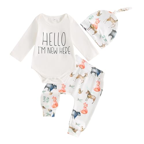 Geagodelia Neugeborene Baby Kleidung Set Junge Hello Im New Here Langarm Body und Hose Baumwolle Bekleidungssets für Baby Jungen Babykleidung Set Herbst Winter Outfits mit Mütze