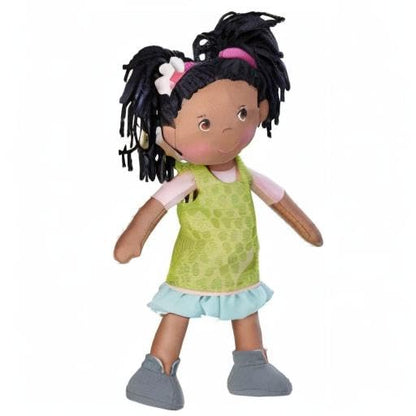 HABA 304576 - Puppe Cari, 30 cm, Weich- und Stoffpuppe für Kinder ab 18 Monaten, mit ausziehbarer Kleidung und langen Haaren