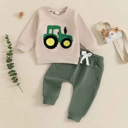 Baby Boys Soft Clothing Sets Toddler Cute Two Piece Outfit Long Sleeve Tractor Print Sweatshirt and Trousers Set Autumn Winter Jogging Suit
