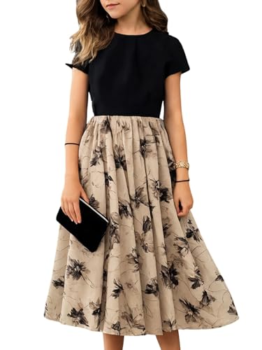 SweatyRocks Mädchen Kleid Blümchenmuster Sommerkleid Kurzarm Midikleid Rundkragen Kleider Langes Blumenkleid A Linie Freizeitkleid Casualkleid