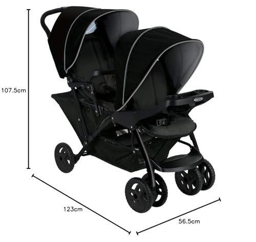 Graco Stadium Duo Geschwisterwagen, Zwillingswagen, 0-15 kg, auch mit Babyschale nutzbar, verstellbare Rückenlehnen, zusammenklappbar, freistehend, großer Staukorb, inkl. Snacktabletts, Titanium