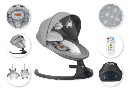 MoMi KENANI baby bouncer for children up to 9 kg, foldable, with remote control &amp; Bluetooth for connecting to a smartphone, battery or power connection, with 5-point safety belt, sun protection, insect net 
