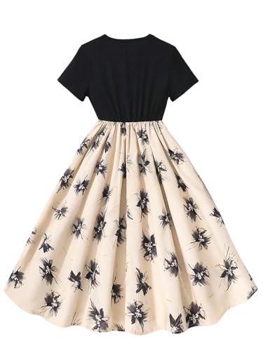 SweatyRocks Mädchen Kleid Blümchenmuster Sommerkleid Kurzarm Midikleid Rundkragen Kleider Langes Blumenkleid A Linie Freizeitkleid Casualkleid