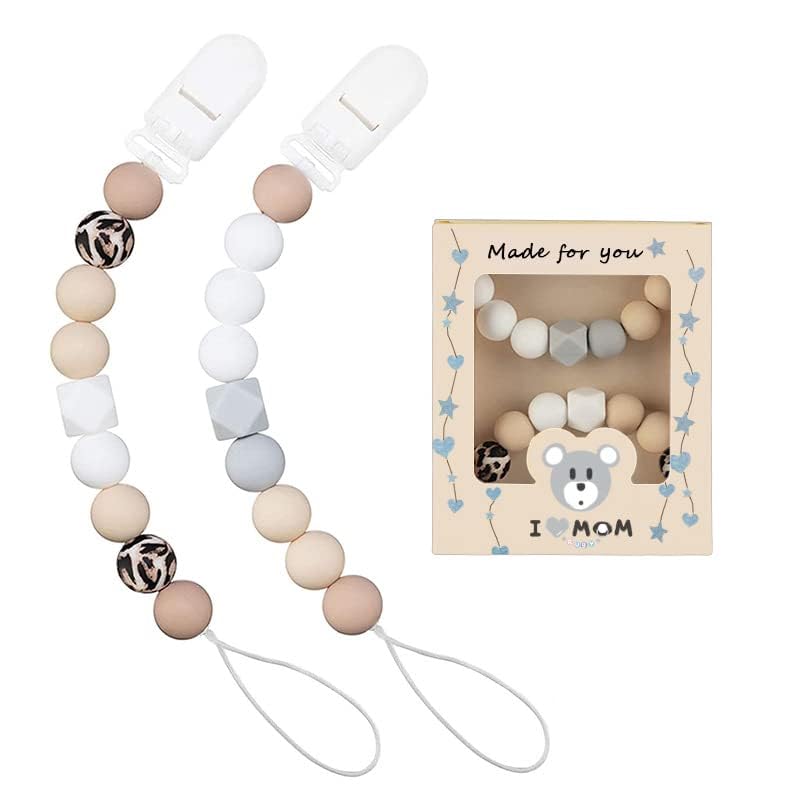 Schnullerkette aus Silikon,Schnullerband für Babys MäDchen und Junge,BPA-frei Sicherheitsgurte für Spielzeug,Einteiliger Schnullerhalter und Beißringspielzeug,2er-Pack (Leopard + Khaki)