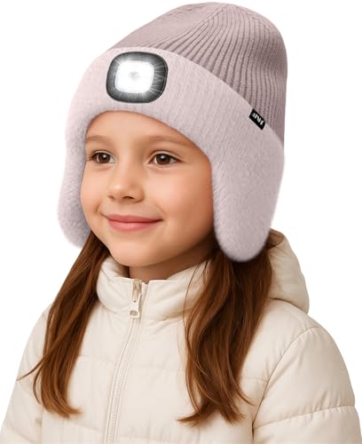 ATNKE Kinder LED Beleuchtete Ohrenklappen Mütze mit Licht,USB Wiederaufladbare 4 LED Laufmütze Stirnlampe Winter Warm Fleece Gefüttert Strick Mütze Geschenke für Jungen und Mädchen