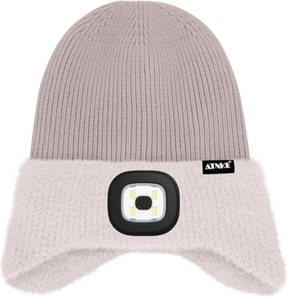 ATNKE Kinder LED Beleuchtete Ohrenklappen Mütze mit Licht,USB Wiederaufladbare 4 LED Laufmütze Stirnlampe Winter Warm Fleece Gefüttert Strick Mütze Geschenke für Jungen und Mädchen