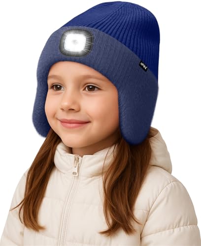 ATNKE Kinder LED Beleuchtete Ohrenklappen Mütze mit Licht,USB Wiederaufladbare 4 LED Laufmütze Stirnlampe Winter Warm Fleece Gefüttert Strick Mütze Geschenke für Jungen und Mädchen